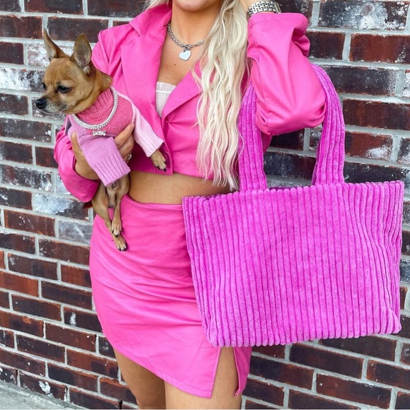 pink pleather blazer skirt set